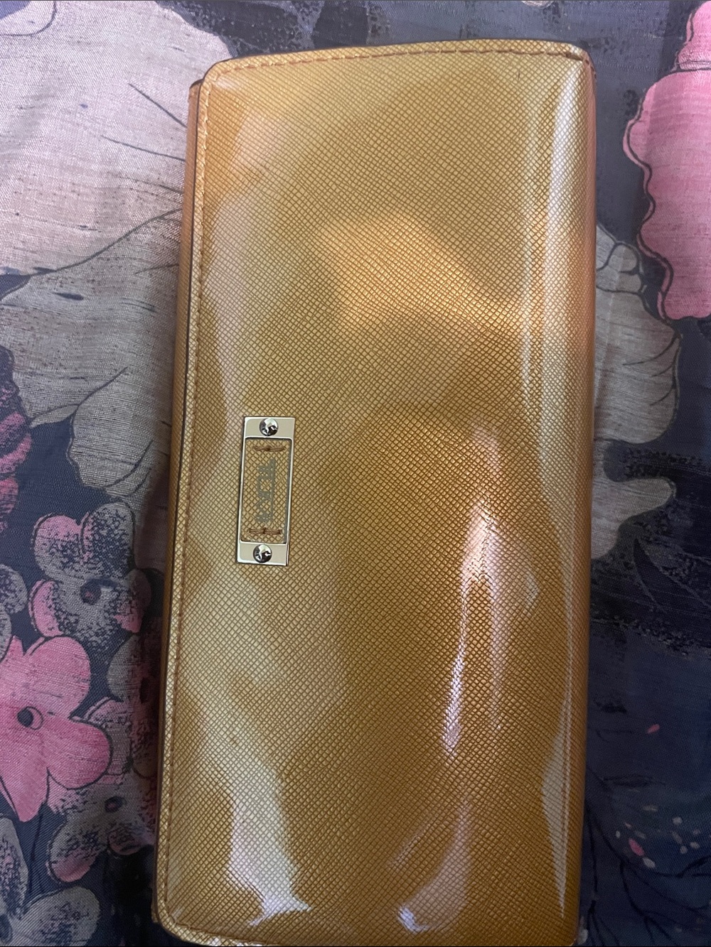 Patent Tan Long Women's Wallet with Metal Plaque